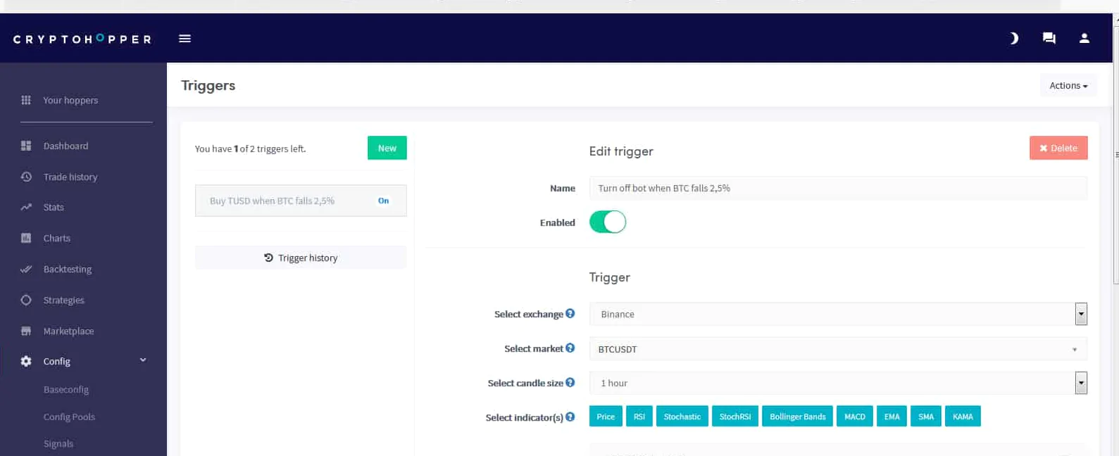 Cryptohopper trigers